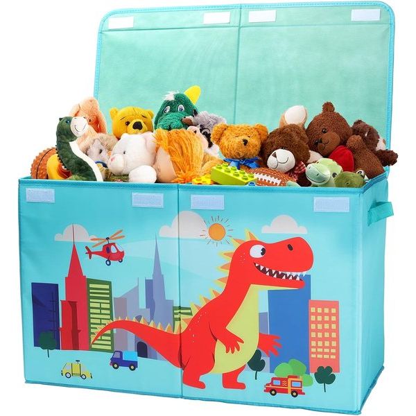 Storage Box with Lid for Children, Large Foldable Oxford Toy Box with Handle for Boys, Waterproof, Robust Toy Storage in Children's Room, 65 x 30 x 40 cm (Red Dinosaur)