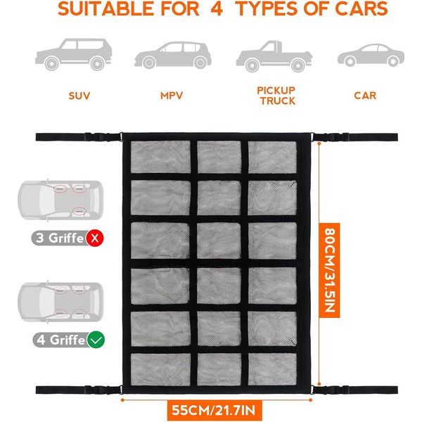Bagagenet auto, bagagenet, autodak, bagagenet camper, auto plafondnet, auto campingaccessoires, bagagenet auto met instelbaar, voor de meeste voertuigtypen 80 x 55 cm
