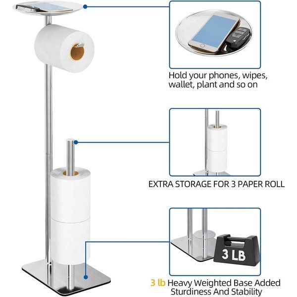 Freestanding Toilet Paper Holder with Reserve, 304 Stainless Steel Toilet Paper Dispenser Paper Roll Storage Rack for 4 Large Rolls, with Base Waterproof, Rustproof Modern Matt (Silver)