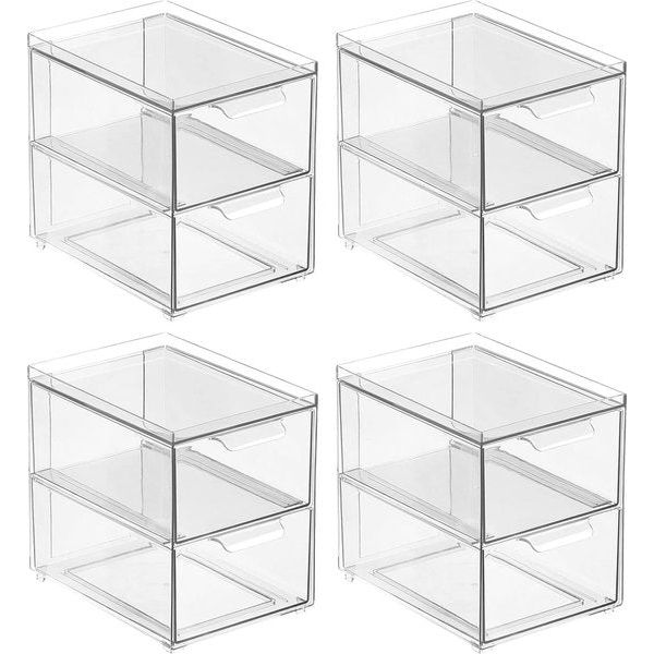 Cosmetische Organizer - Stapelbare Plastic Ladebox met 2 Laden - Praktische Box voor het opbergen van Badkamerartikelen - Set van 4 - Doorzichtig