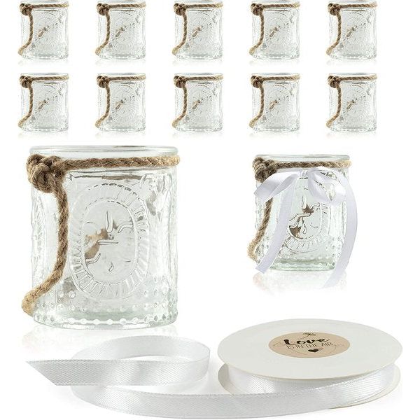12 x glazen theelichthouders met hanger en decoratief lint in wit, theelichtglazen, gemakkelijk verwijderbare metalen hanger, decoratie voor bruiloften, romantisch, klein