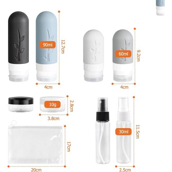 Reisflessen om te vullen, 8 stuks, siliconen reisflessen, set van 60/90 ml, lekvrij, navulbare draagbare reisflessenset voor shampoo, crèmespoeling, BPA-vrij