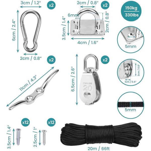 2x roestvrijstalen M20 katrol katrollen voor touwenset - draaibare haak katrol nylon touw karabijnhaak clip & oogkussenplaat - 150 kg draagvermogen