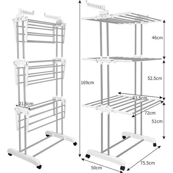 Droogrek met wieltjes, multifunctioneel, 4 etages, inklapbaar, staand droogrek, ruimtebesparend, met vleugels, voor binnen en buiten (wit, grijs)