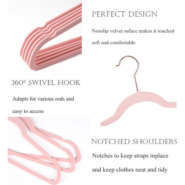 Roze fluwelen kleerhangers, duurzaam, antislip, ruimtebesparende kleerhangers, koper/roségoud, 50 stuks
