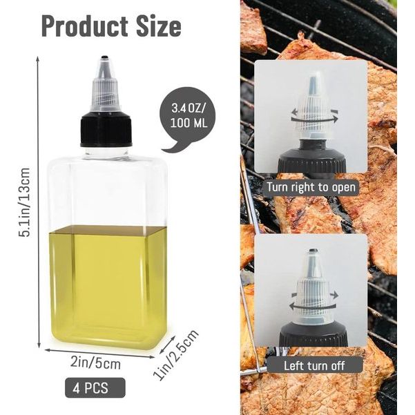4-pack kleine campingoliedispenserflessen, 100 ml lekvrije knijpkruidenfles met schroefdop, doseerflessen voor buiten voor olie, soja, saus, azijn, 4 stuks