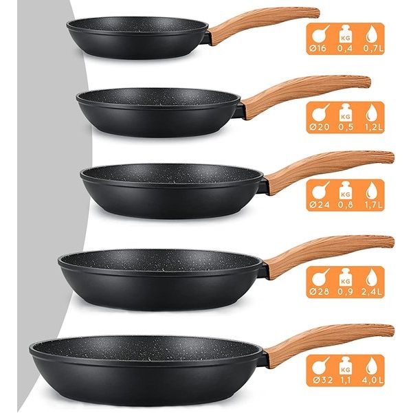 Koekenpan 16 cm geen inductie - kleine universele pan met antiaanbaklaag voor alle soorten fornuizen - stevige handgrepen (licht hout, 16 cm)