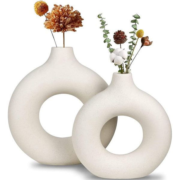 Keramische vaas, set van 2 witte keramische bloemenvazen voor huisdecoratie, gedroogde bloemen, decoratieve vazen voor tafelblad met pampasgras, keramische kamerdecoratie voor cadeau, keramische vaas, klein, medium