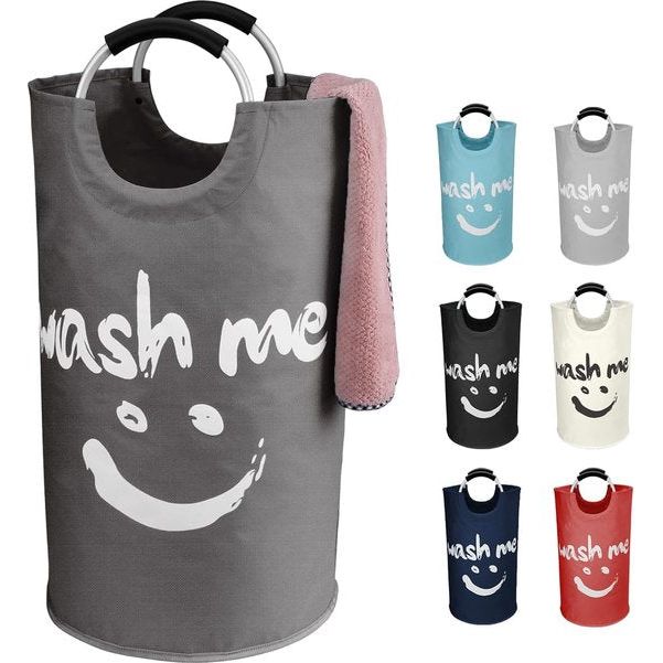 Laundry Hamper with Handles, 91L Freestanding Laundry Container, Foldable, Laundry Bag with Smiley Pattern for Dirty Laundry, Laundry Sorter Storage Basket for Sleeping Room (Dark Grey)