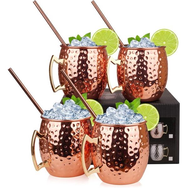 Moscow Mule koperen bekers: set van 4 bevat 4 x bekers van 550 ml, 4 rietjes in geschenkdoos, geweldig voor cocktail, gekoelde dranken, 100% koperen accessoires