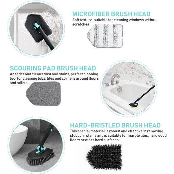 3-in-1 badschrobmachine met 50 inch lange steel - 180° roterende reinigingsborstel Badkamer met 4 verwisselbare koppen, badkamerschrobmachine Tegelwisser voor badkamertegels Douchebak Tegelzwaan