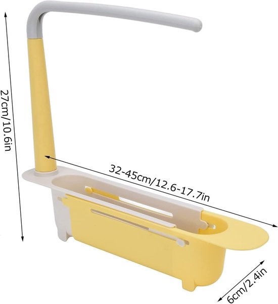 Telescopische spoelbak-opbergrek, uitbreidbare spoelbak-organizer, verstelbaar afdruipoppervlak, spoelbak, spons, zeephouder, opslag, afvoermand voor keukengootsteen (geel)
