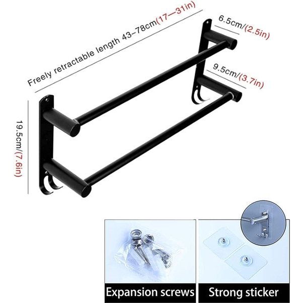 Handdoekrek Zwart Uitschuifbaar 43-78CM Geen boren Roestvrij staal Dubbel handdoekenrek Badkamer Wandmontage Badhanddoekrek Wandmontage (zwart 2 staven)