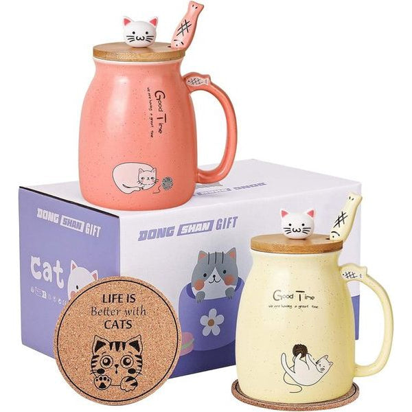 Kat mok set van 2 schattige kat theekop koffiemok keramiek met Kawaii deksel schattige kopjes voor kattenliefhebbers 450 ml kerst verjaardag kat cadeau mok (roze en geel)