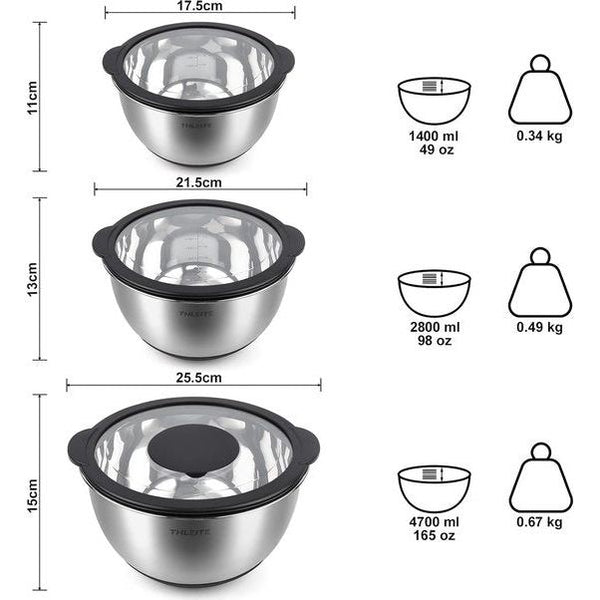 Roestvrijstalen kommenset met deksel, 3 stuks, 1,4 l + 2,8 l + 4,7 l, mengkom, slakom, serveerkom, stapelbaar, 3 raspopzetstukken