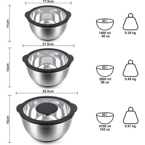 Roestvrijstalen kommenset met deksel, 3 stuks, 1,4 l + 2,8 l + 4,7 l, mengkom, slakom, serveerkom, stapelbaar, 3 raspopzetstukken