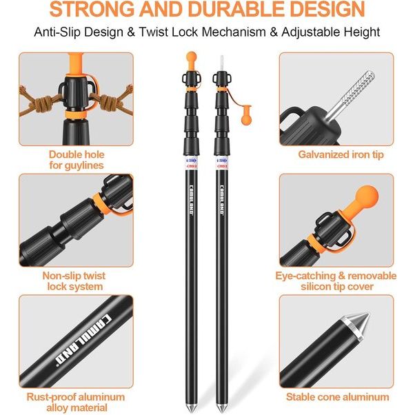 Tarpaulin Poles, Heavy Duty Tent Poles, Set of 2, Adjustable Aluminium Tent Poles for Tarps, Lightweight and Portable Telescopic Tarpaulin Poles for Camping, Hiking, Hammock etc. 4 Segments