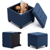 Kruk met opbergruimte, kubuszitting met deksel, zitkist, opbergkist voetenbankkist, linnen, 44 L, 45 x 41 x 41 cm, marineblauw