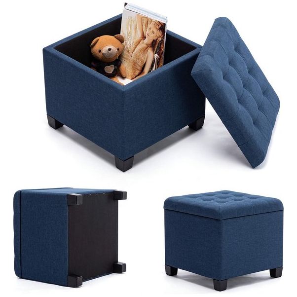 Kruk met opbergruimte, kubuszitting met deksel, zitkist, opbergkist voetenbankkist, linnen, 44 L, 45 x 41 x 41 cm, marineblauw