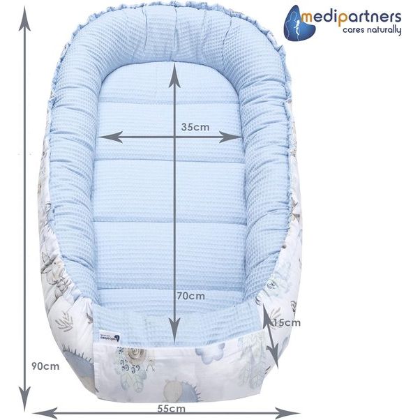 Babynest knuffelnest babynestje 100% katoen wafel nestje reisbed voor baby's zuigelingen 100x60x15cm veilige sluiting (hert en egel met lichtblauw wafle)