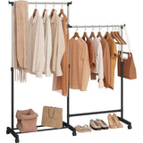 Kledingrek met wieltjes, kapstok met schoenenrek, 2 kledingstangen 1 in hoogte verstelbaar, L-vormig en recht verstelbaar, van metaal, zwart