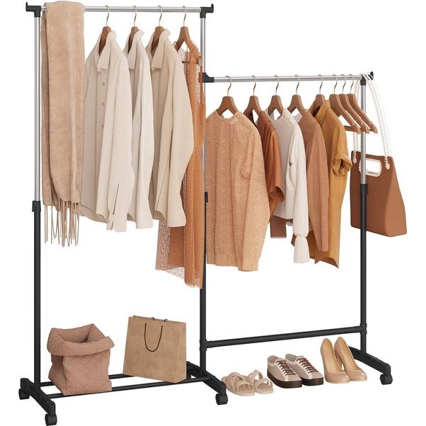 Kledingrek met wieltjes, kapstok met schoenenrek, 2 kledingstangen 1 in hoogte verstelbaar, L-vormig en recht verstelbaar, van metaal, zwart
