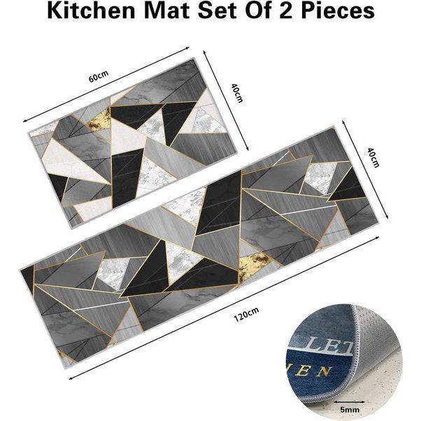 Keukentapijten, antislip keukenmatten, 2 stuks, wasbaar keukentapijt met schuifsticker, Comfort Runner-tapijtset voor keuken, stofdichte deurmat, zwarte geometrie