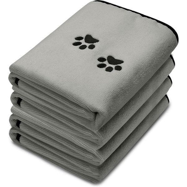 Set van 4 microvezel hondenhanddoeken, zacht, absorberend, huisdierbadhanddoek, droogverzorgingshanddoek met geborduurde poten, voor katten, badverzorging, grijs, 90 x 50 cm