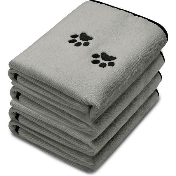 Set van 4 microvezel hondenhanddoeken, zacht, absorberend, huisdierbadhanddoek, droogverzorgingshanddoek met geborduurde poten, voor katten, badverzorging, grijs, 90 x 50 cm