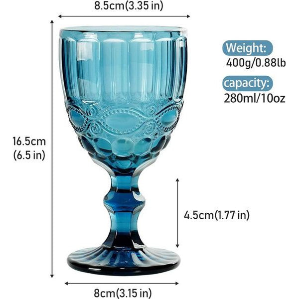 Gekleurde glazen kelk, set van 6, wijnglazen met reliëf, 10 oz verdikt wijnglas van glas, voor sapdrinken, bruiloft, wijnglas (kleur: blauw, maat: serpentijn)