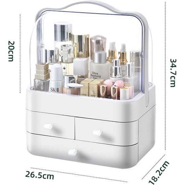 Cosmeticavitrines, met laden, hoge transparante acrylafdekking, waterdicht, stofdicht, kan worden bewaard, cosmetica, sieraden, huidverzorging, voor badkamer, commode (wit)