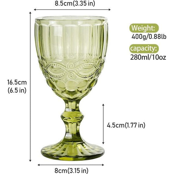 Gekleurde glazen kelk, set van 6, wijnglazen met reliëf, 10 oz verdikt wijnglas van glas, voor sapdrinken, bruiloft, wijnglas (kleur: groen, maat: serpentine)