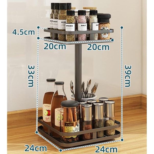 Kruidenrek Draaibaar Zwart Roterend Kruidenrek Keukenplank Werkblad Hoekplank Keuken Kruidenrek Staand Geen boren Lazy Susan (vierkant, 2 lagen)
