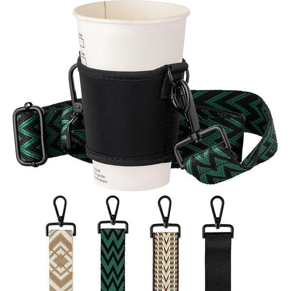 Cupholder . Tas voor koffiebekers en fles om te hangen. Ideaal voor bekers en drinkflessen van alle soorten (zwart, patroon groen)