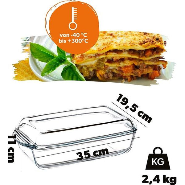 KADAX Ovenschotel van hittebestendig glas, vuurvast potje, glazen braadpan met deksel en handgrepen, servies voor het braden, oven, elektrische fornuis, voor lasagne, vlees, transparant (rechthoekig, 3,95 l)