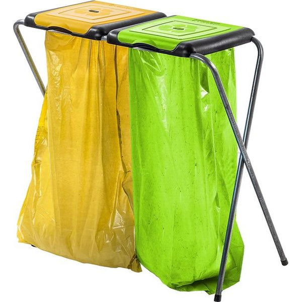 KADAX - Standaard voor afvalscheiding - stabiele afvalzakhouder met kunststof deksel, afvalzakstandaard, afvalcontainer, afvalzakhouder, afvalstandaard - Twee breed