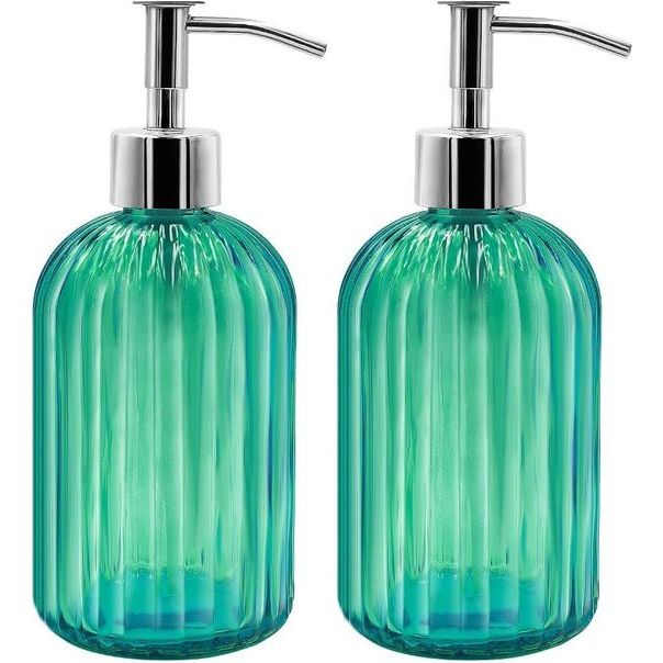 Set van 2 zeepdispensers glas met pomp, 400 ml vloeibare zeepdispenser voor afwasmiddel, shampoo en lotion, navulbare zeepdispenser voor keuken, badkamer, wasruimte (groen)