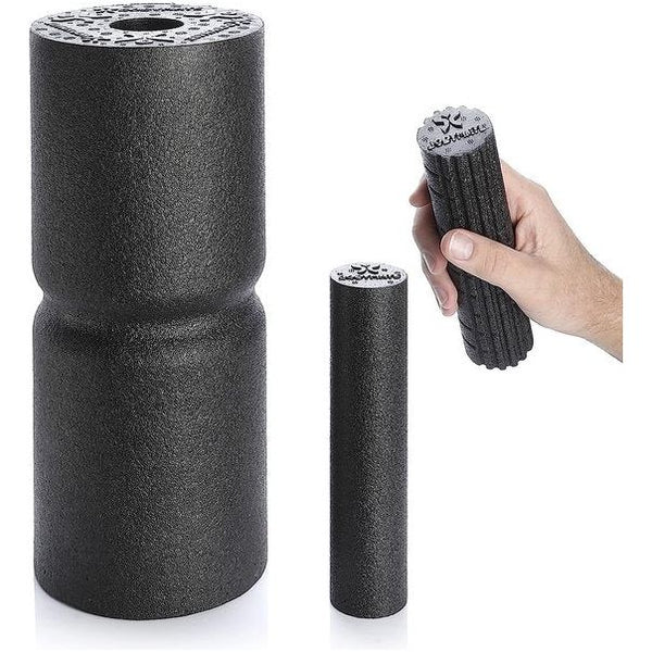 CARE with CORE Fascia-set bestaande uit fasciarol CARE 35 x 14 cm, middelhard met groef rondom, twee kleine rollen met glad en genopt oppervlak, 20 x 4,5 cm, zwart met e-book