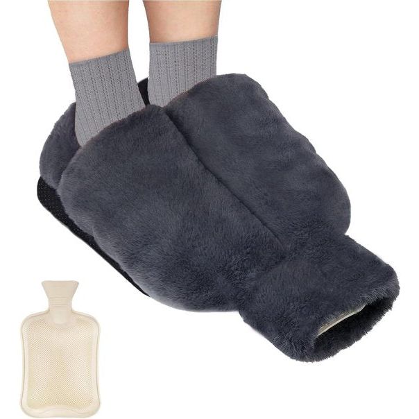 Voetwarmer, zonder stroom, 2 l, extra grote voetenwarmer, warmwaterkruik voor de voeten, 2-in-1 voetenwarmwaterkruik, zachte en warme voetenwarmer voor heren/dames/volwassenen, grijs, 39 x 35