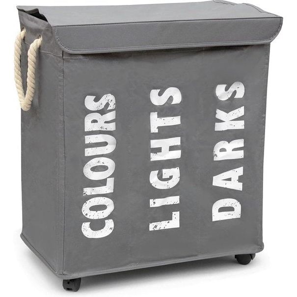 Wassorteerder op wieltjes, 3 vakken, wasmand, grijs