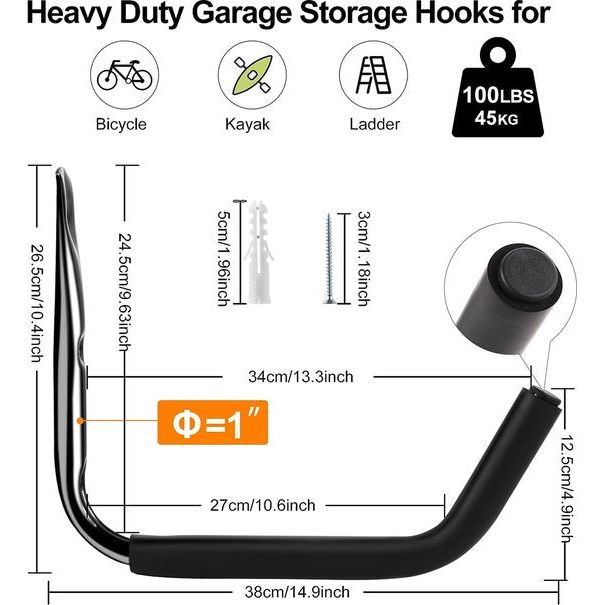 Wandhaken, garagehaken, opberghanger, organizer, wandhaken, tuinlagerhaak met jumbo-arm, heavy duty, voor kajaks, ladder, fiets, kanoën, fietsen, klapstoelen, surfplanken, draagkracht 45 kg, 4 stuks