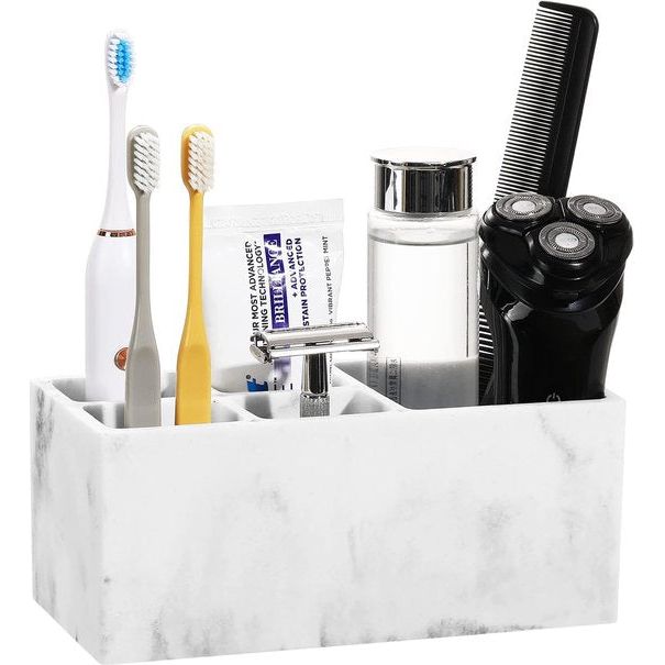 Tandenborstelhouder van hars, 5 tandenborstelvakken, handgemaakte tandenborstelstandaard voor elektrische tandenborstel, tandpasta, grind wit