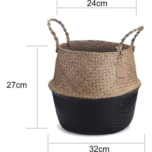 Zeegrasmand, bloempot, natuurmand, geweven wasmand met handvat voor planten, speelgoed, opslag (zwart)