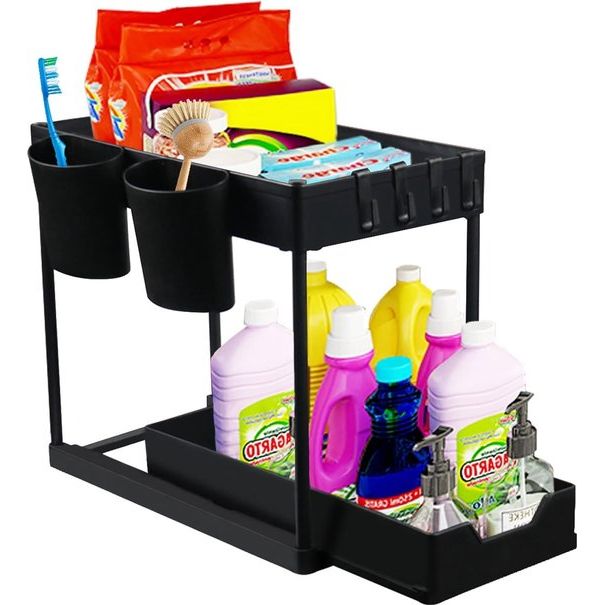 2 verdiepingen keukenrek, organizer, multifunctioneel opbergrek, onderkast, spoelkast, afneembaar, badkamerorganizer, 40 x 22 x 33 cm (zwart)