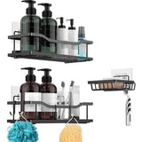 Doucheplank, zonder boren, doucheplank zonder boren, met zeepbakje en 4 haken, badkamerorganizer, douchemand, shampoohouder voor badkamer, keuken, toilet, 304 roestvrij staal, zwart, 3 stuks