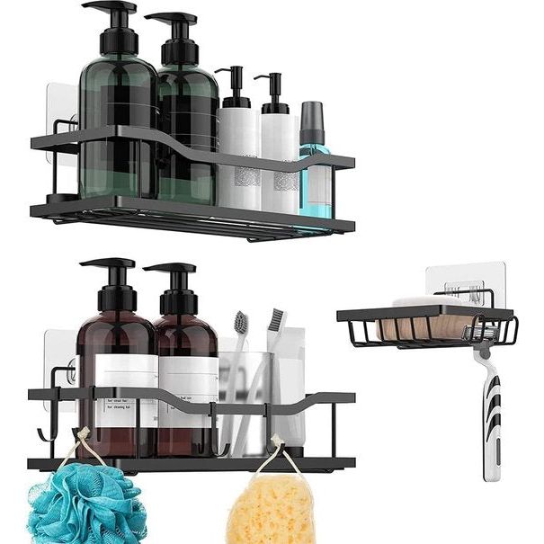 Doucheplank, zonder boren, doucheplank zonder boren, met zeepbakje en 4 haken, badkamerorganizer, douchemand, shampoohouder voor badkamer, keuken, toilet, 304 roestvrij staal, zwart, 3 stuks