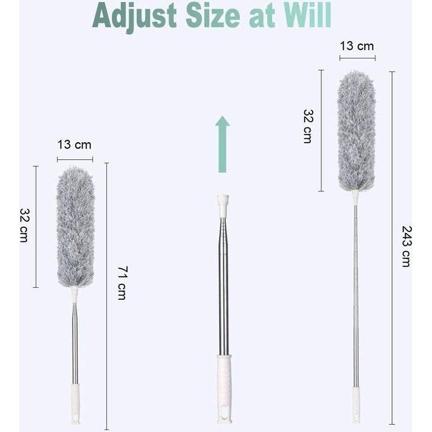 Vicloon - Plumeau stofdoek, telescopisch, microvezel, tot 243 cm lengte, met mini-raamreinigingsborstel en roestvrijstalen telescoopstang - wasbaar, buigbare hoekbezem, verwijdert moeiteloos stof (grijs)