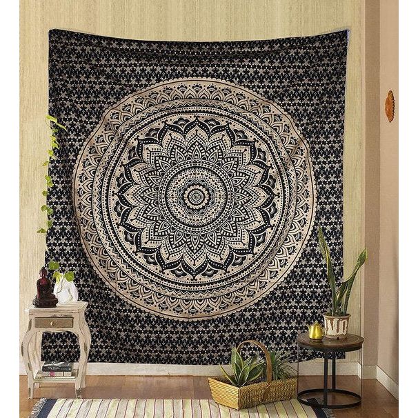 wandtapijt Mandala zwart goud, boho wanddecoratie, esthetische kamerdecoratie, wanddoek mandala, psychedelisch wandkleed 208 x 210 cm