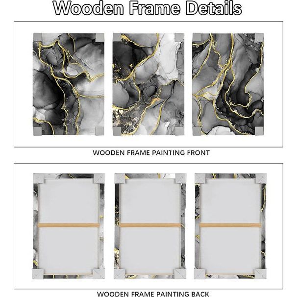 3 stuks grijs zwart goud marmer met lijst canvas foto's abstract aquarel inkt lijnen foto op canvas schilderij wandafbeeldingen wanddecoratie woonkamer slaapkamer decoraties 120 x 60 cm (16 inch x 24