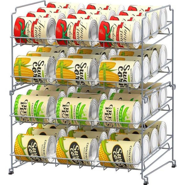 Stapelbaar blikjesrek, organizer voor keukenkasten, opslag of werkbladen, 4 etages, blikdispenser, opslag voor 48 blikjes, zilver